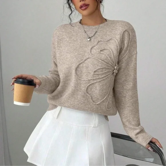 Classic Floral Textured Round Neck Knit Sweater Top S M L - Picture 1 of 5